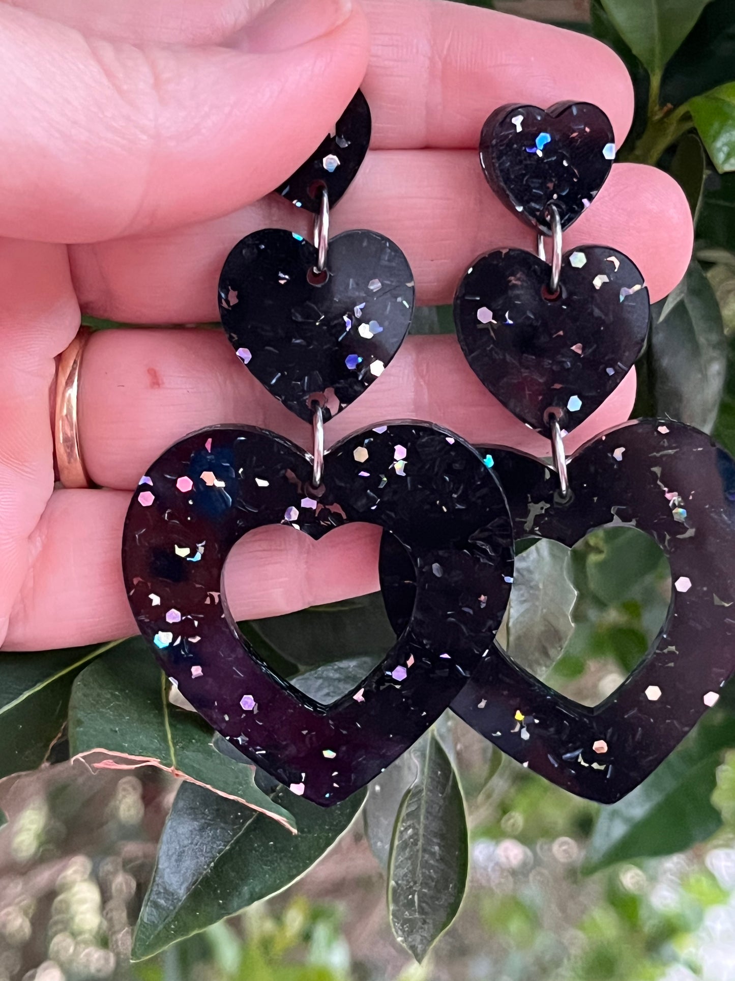 Black Heart Drops with Holographic specs Dangles