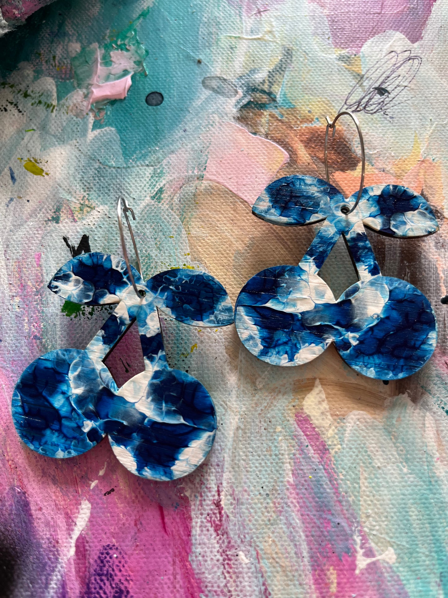 Blue Abstract Arty Cherry 🍒 Hoops