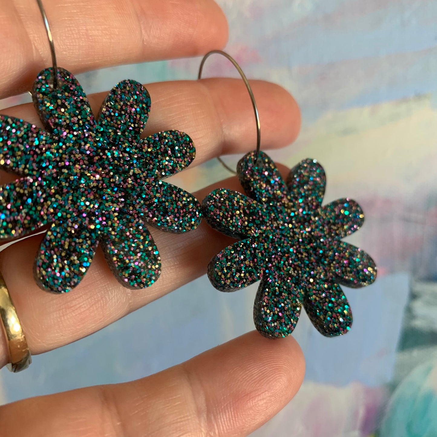 Blue Glitter Rainbow Flower Hoops
