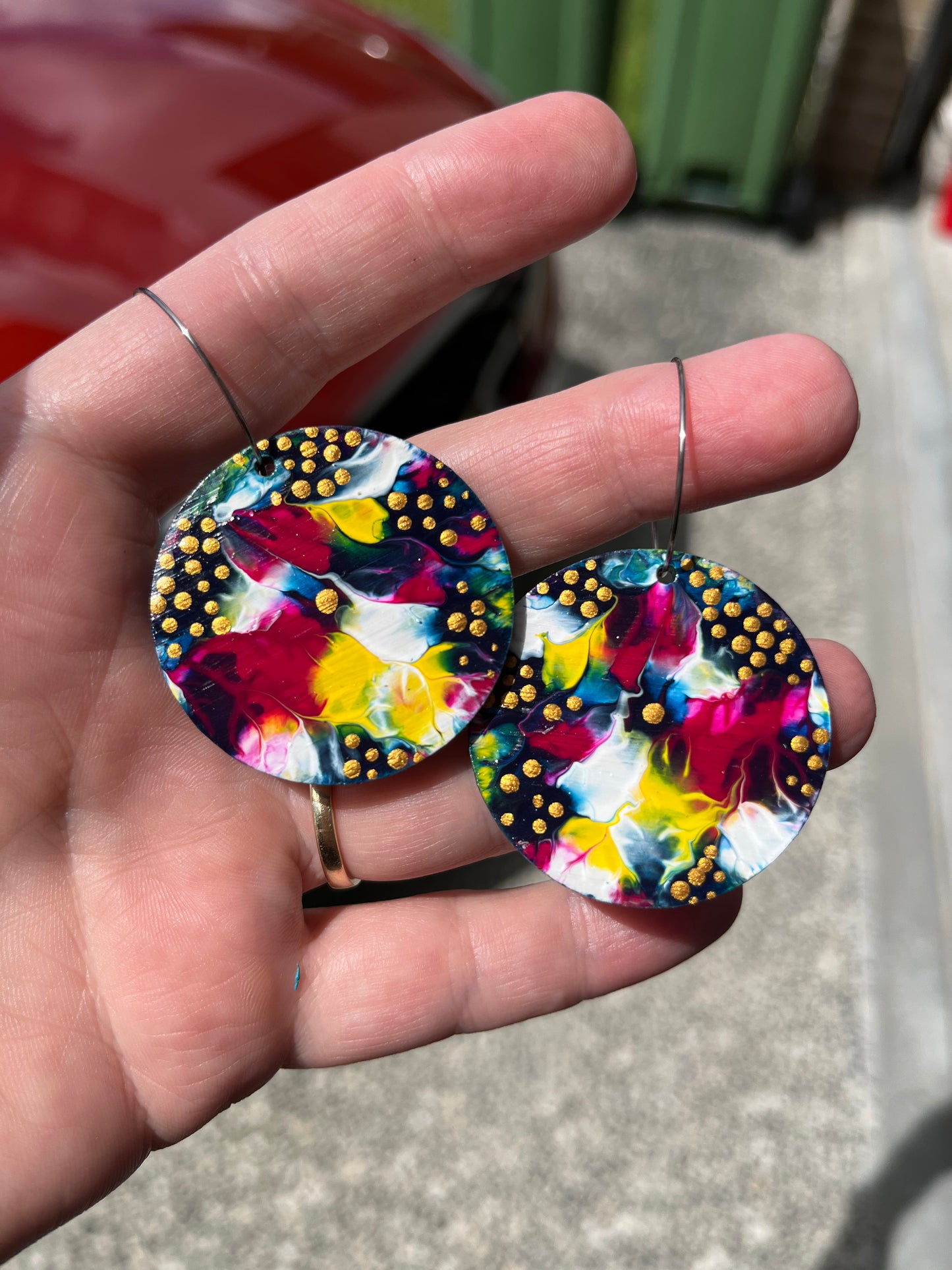 Rainbow , white and Gold Polka Dots 40mm Arty Hoops