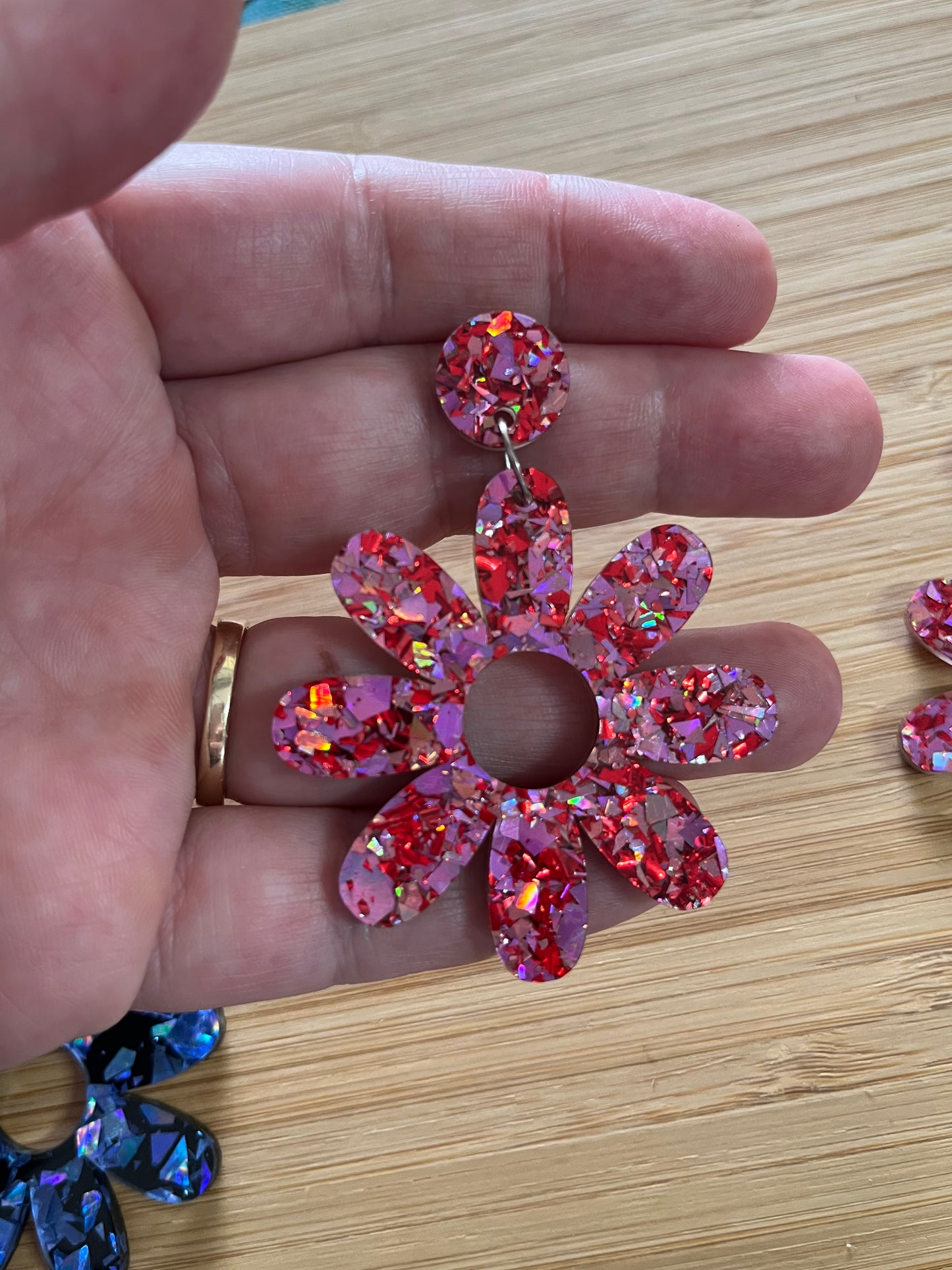 Daisy Red & Pink Holographic Dangles