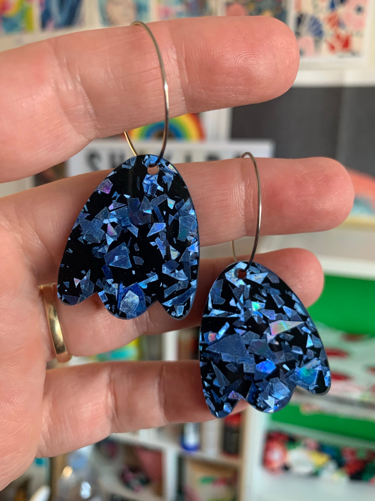 Blue Holographic petal Hoops