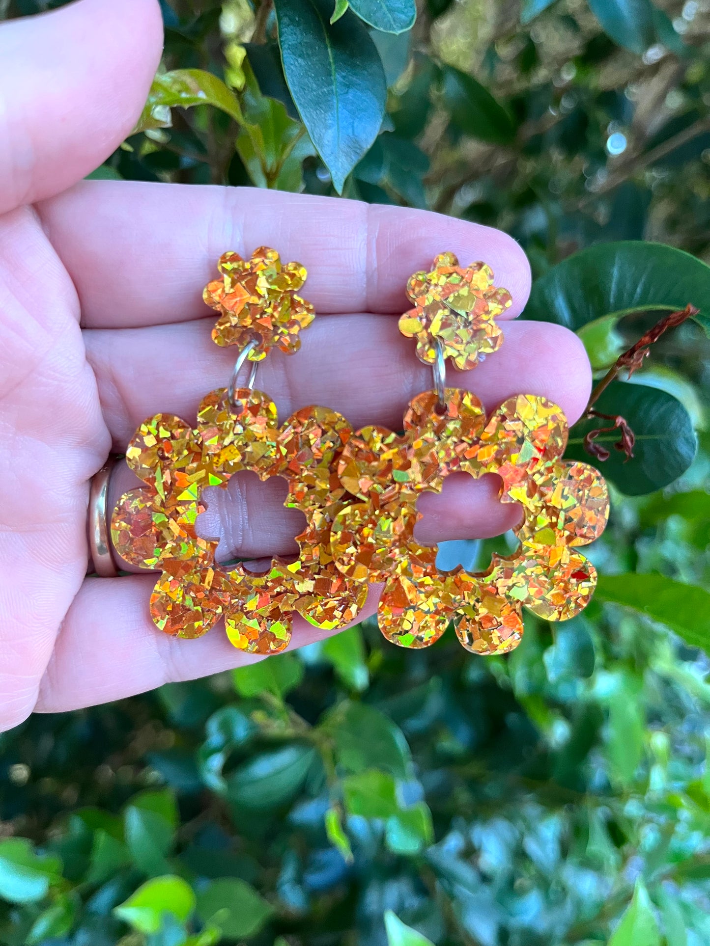 Holographic Flame Gold sparkle Dangles