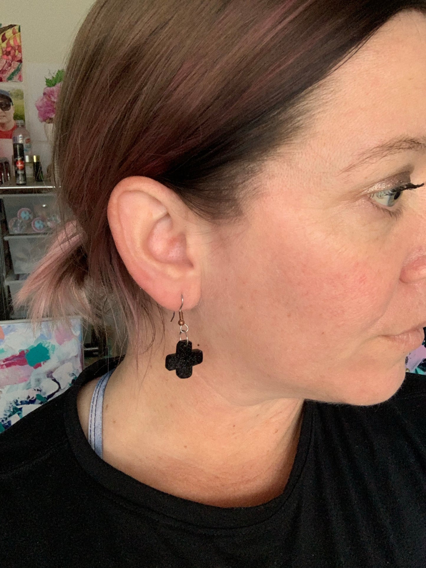 Black Glittery Cross Earrings