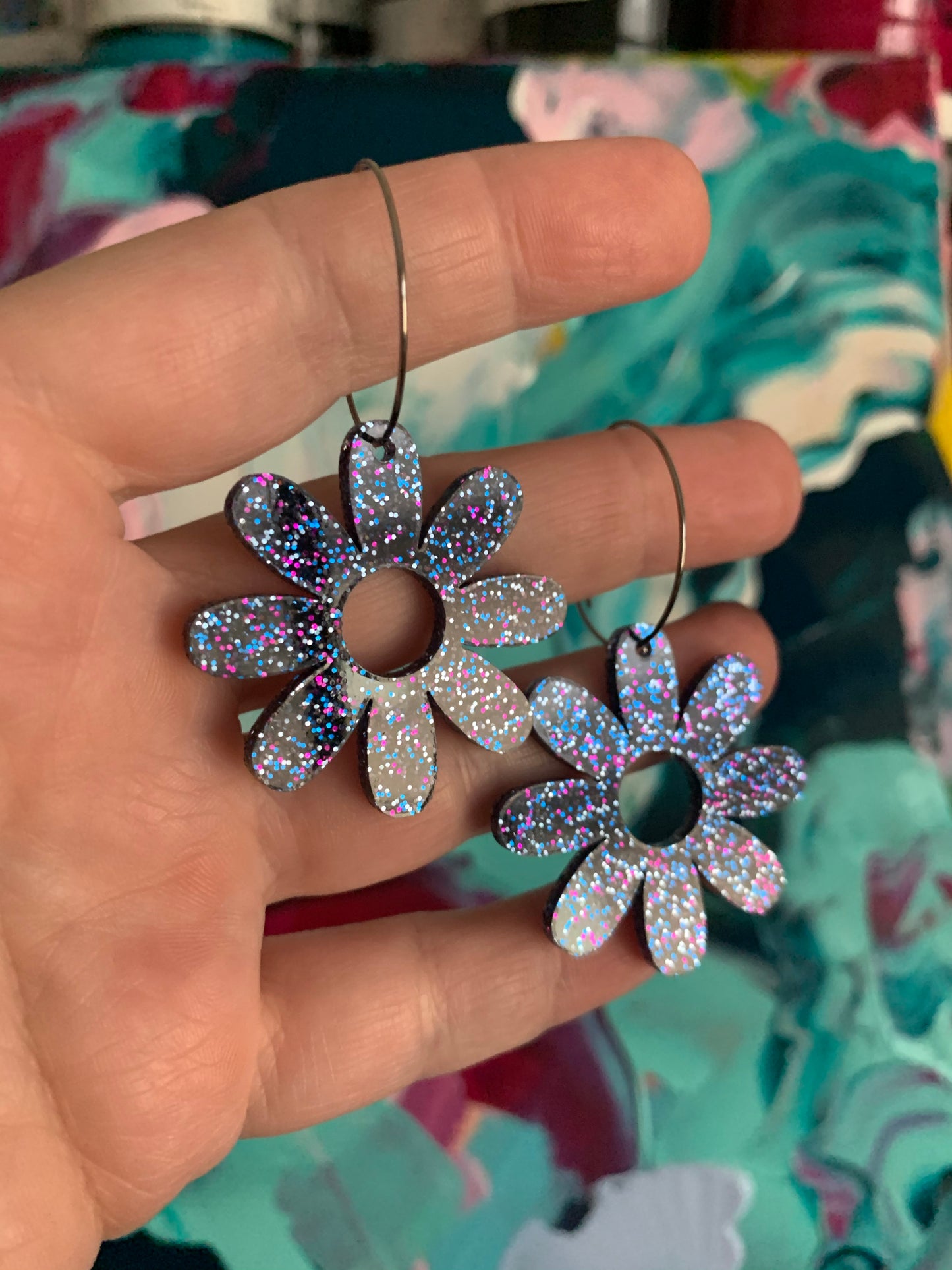 Dark glitter Petals Flower Hoops