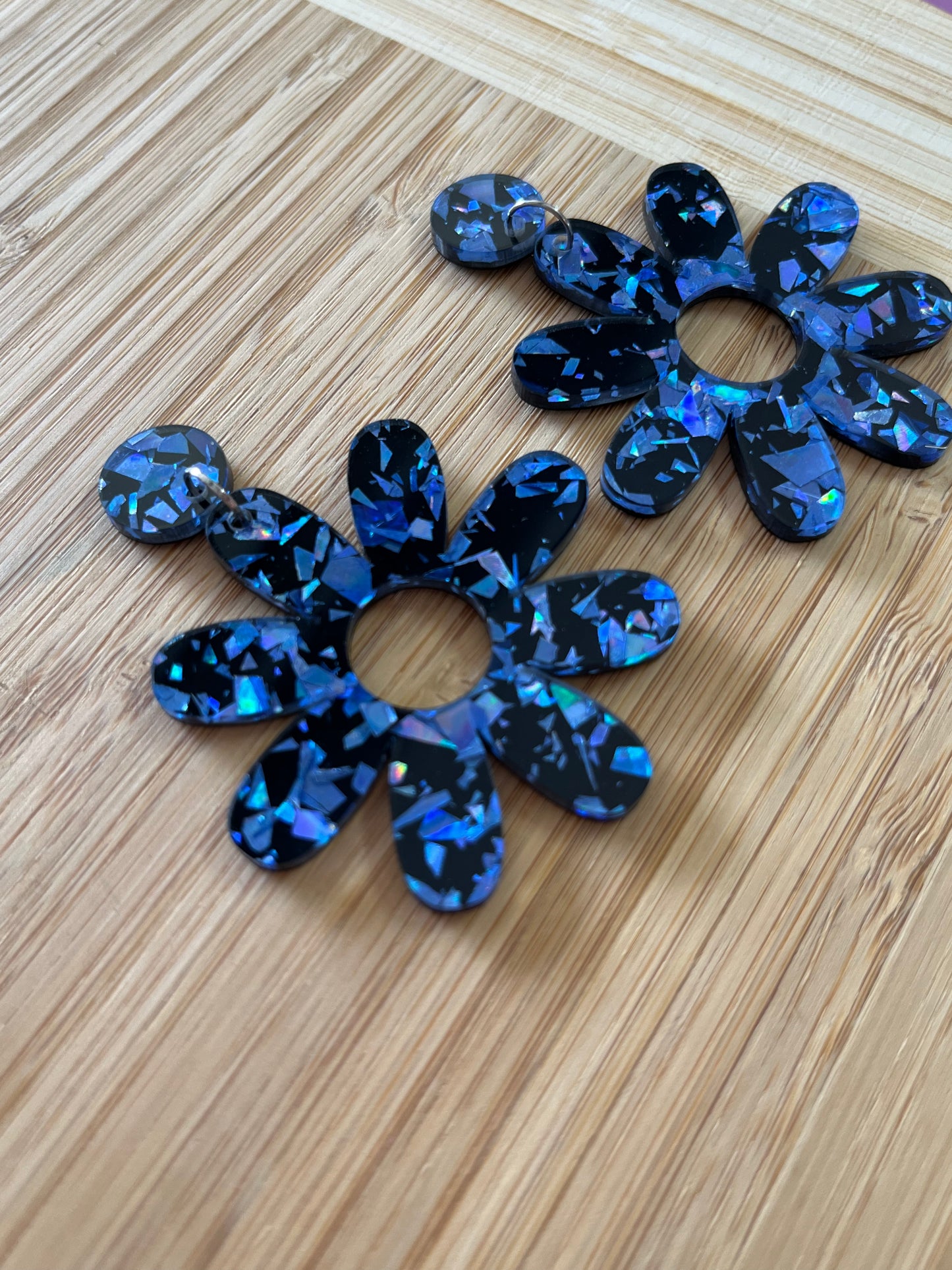 Blue & Black Daisies Holographic Dangles