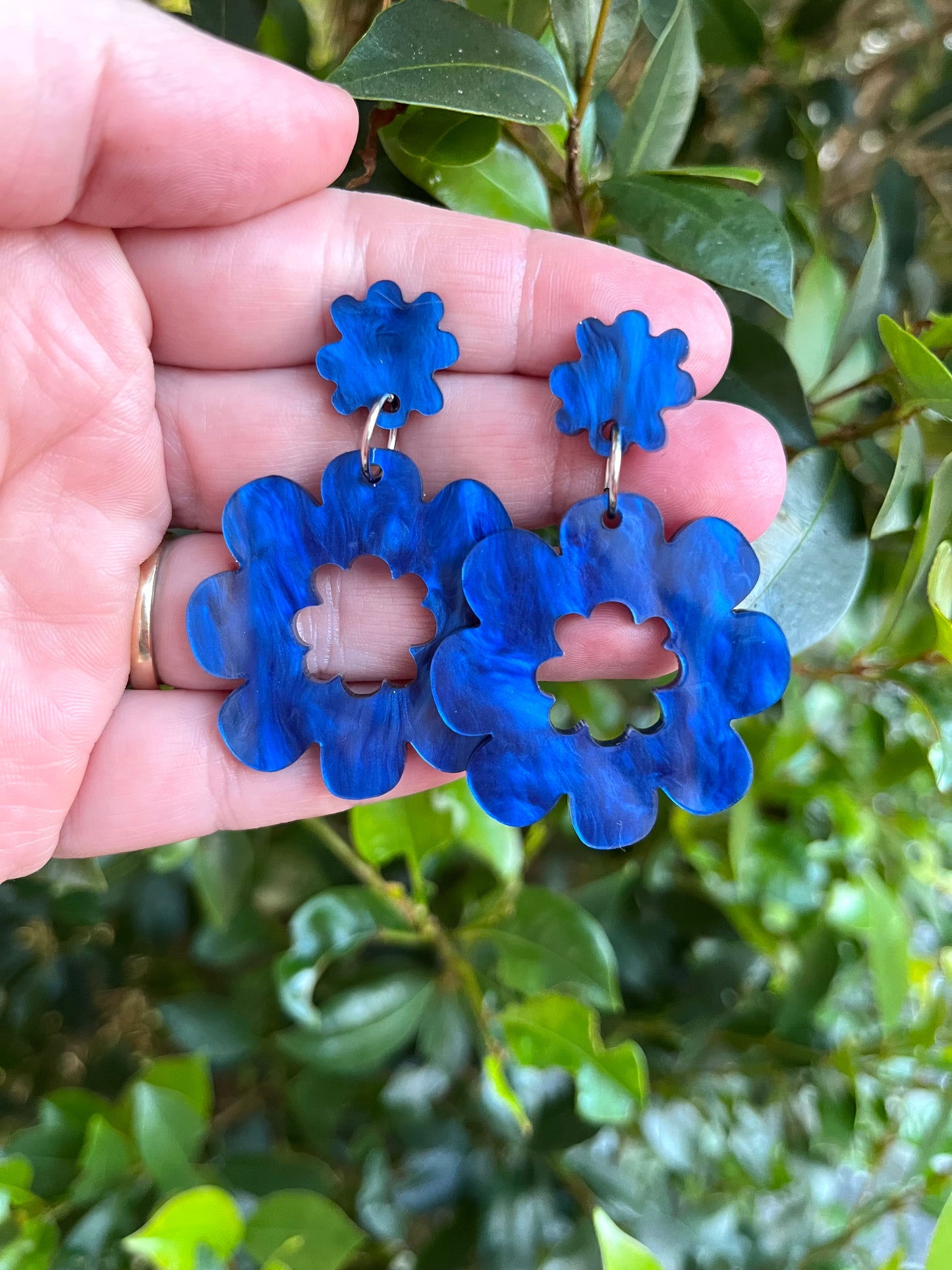 Navy Blue Marble swirl flower Dangles