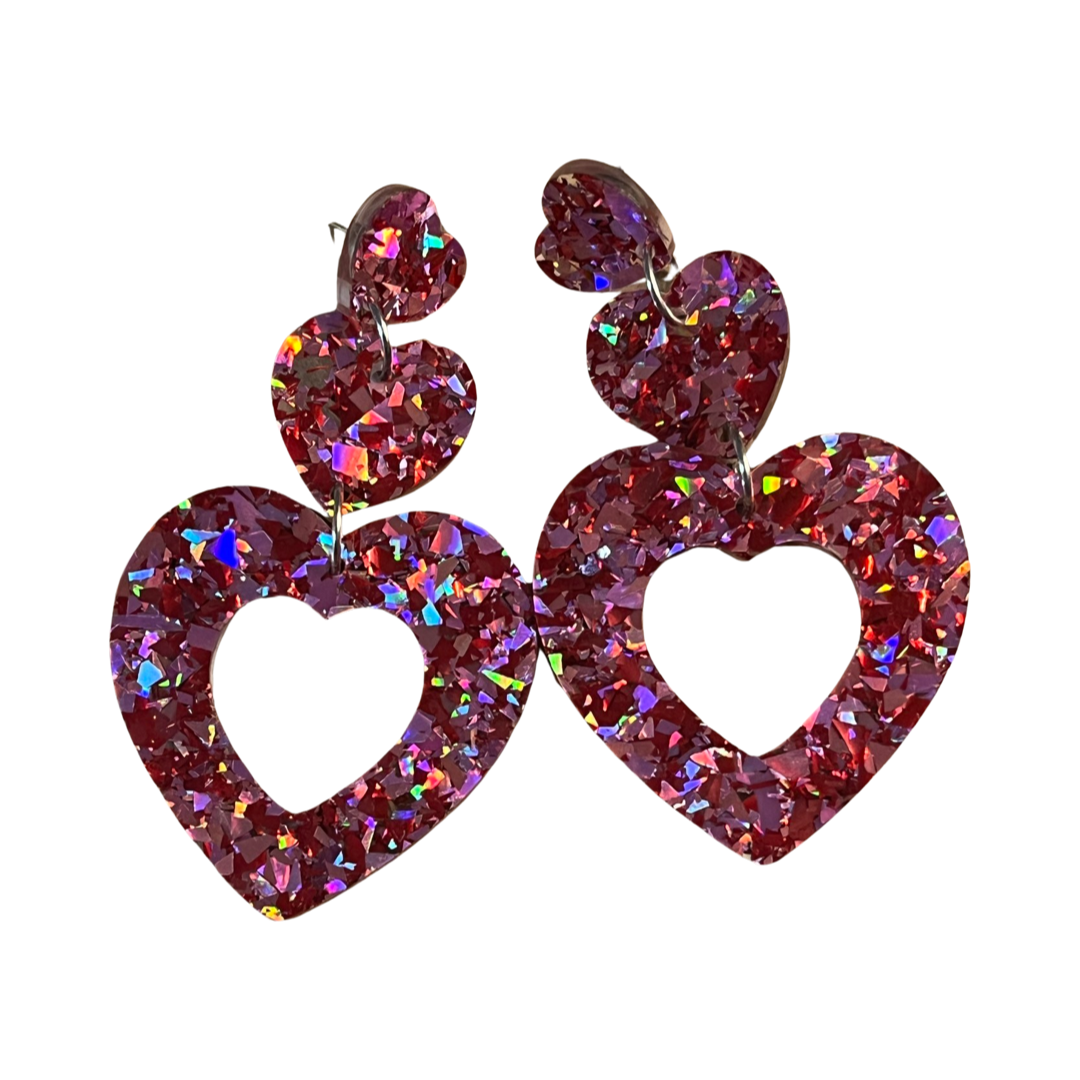 Pink/ Red Heart Drops Holographic Dangles