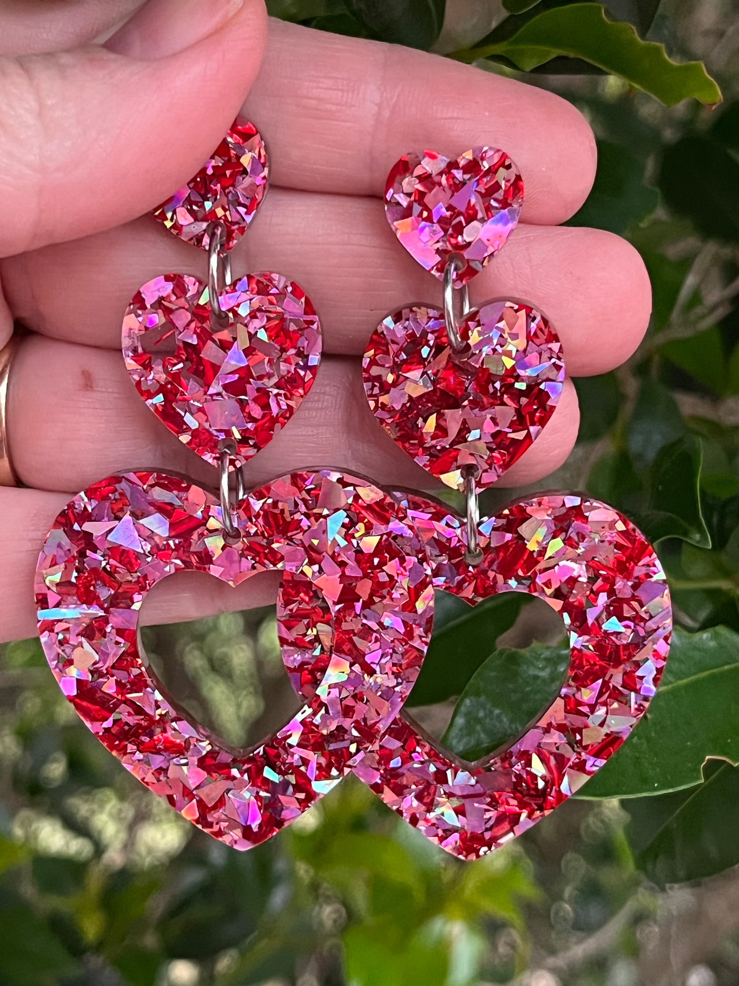 Pink/ Red Heart Drops Holographic Dangles