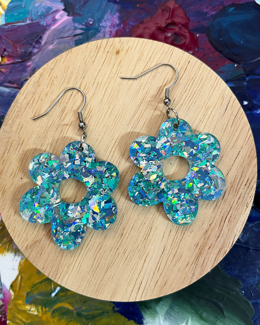 Blue Silver Holographic Flower Hooks