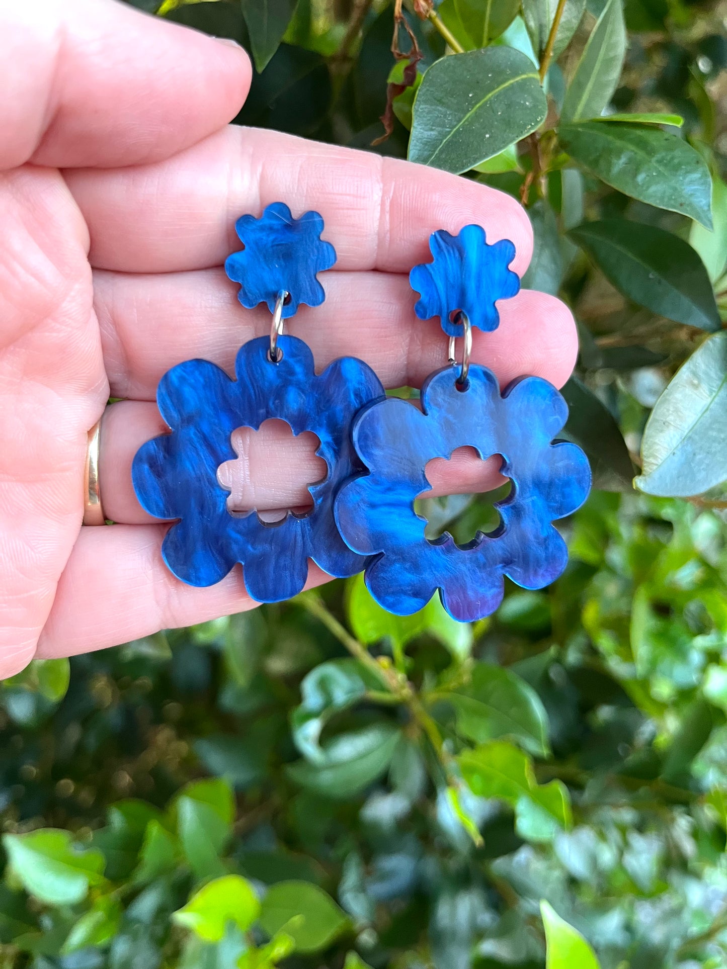 Navy Blue Marble swirl flower Dangles