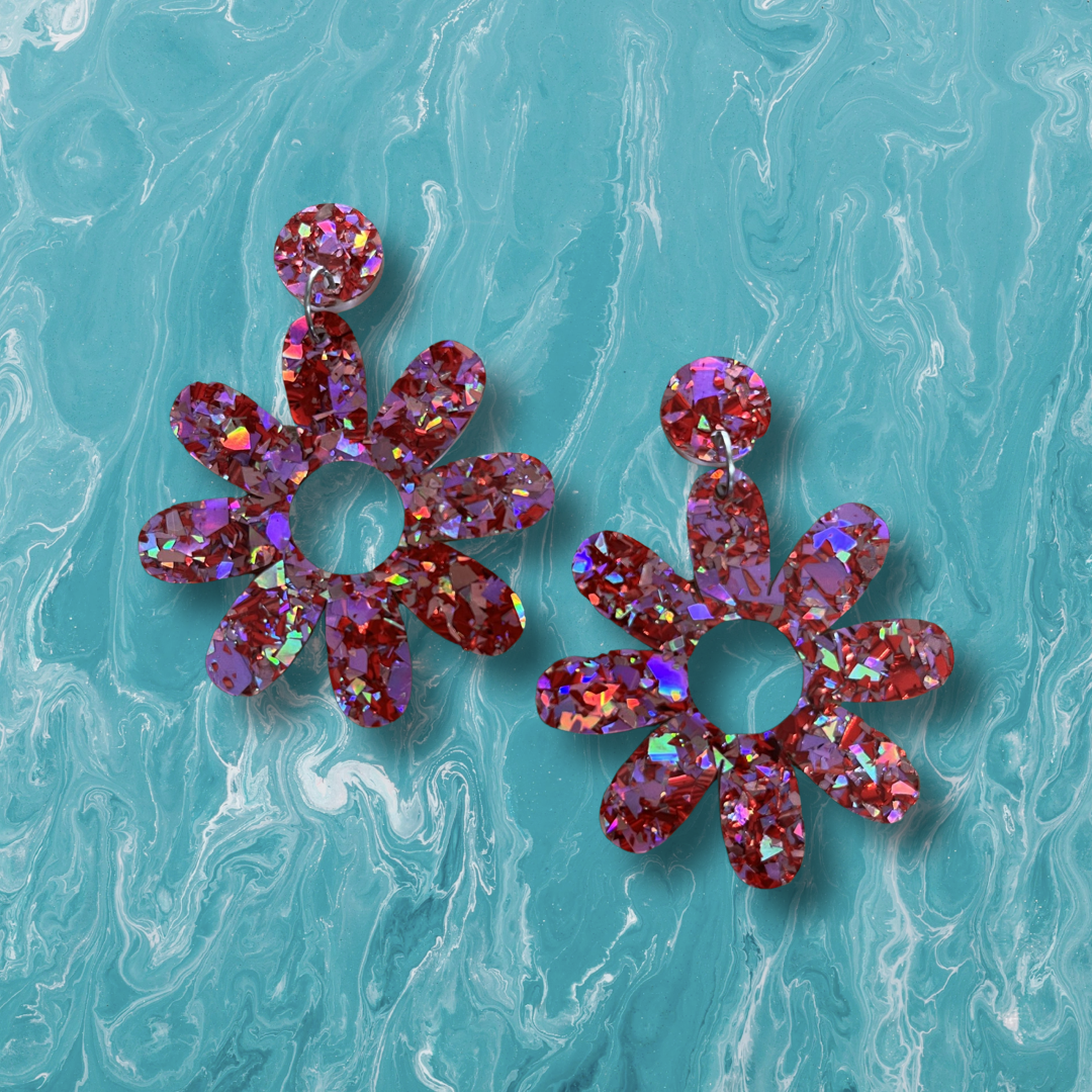 Daisy Red & Pink Holographic Dangles
