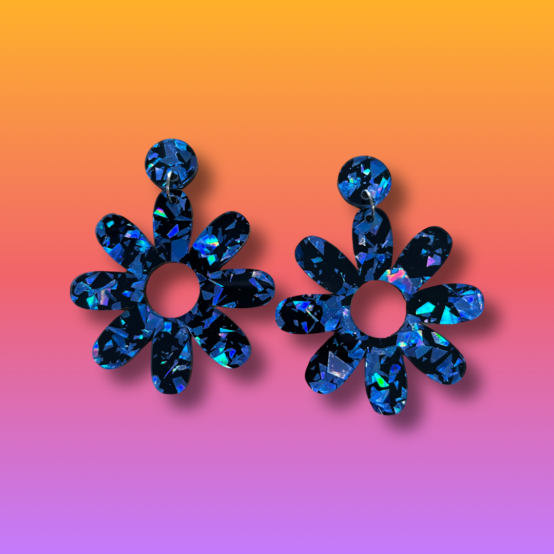 Blue & Black Daisies Holographic Dangles