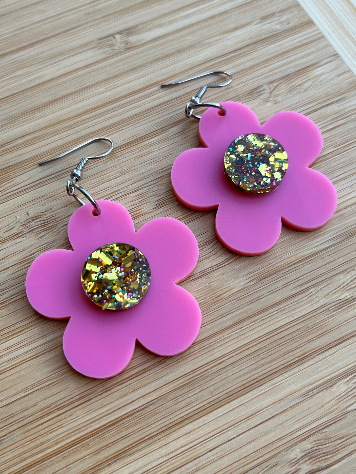 Pink & Gold Flower Earrings