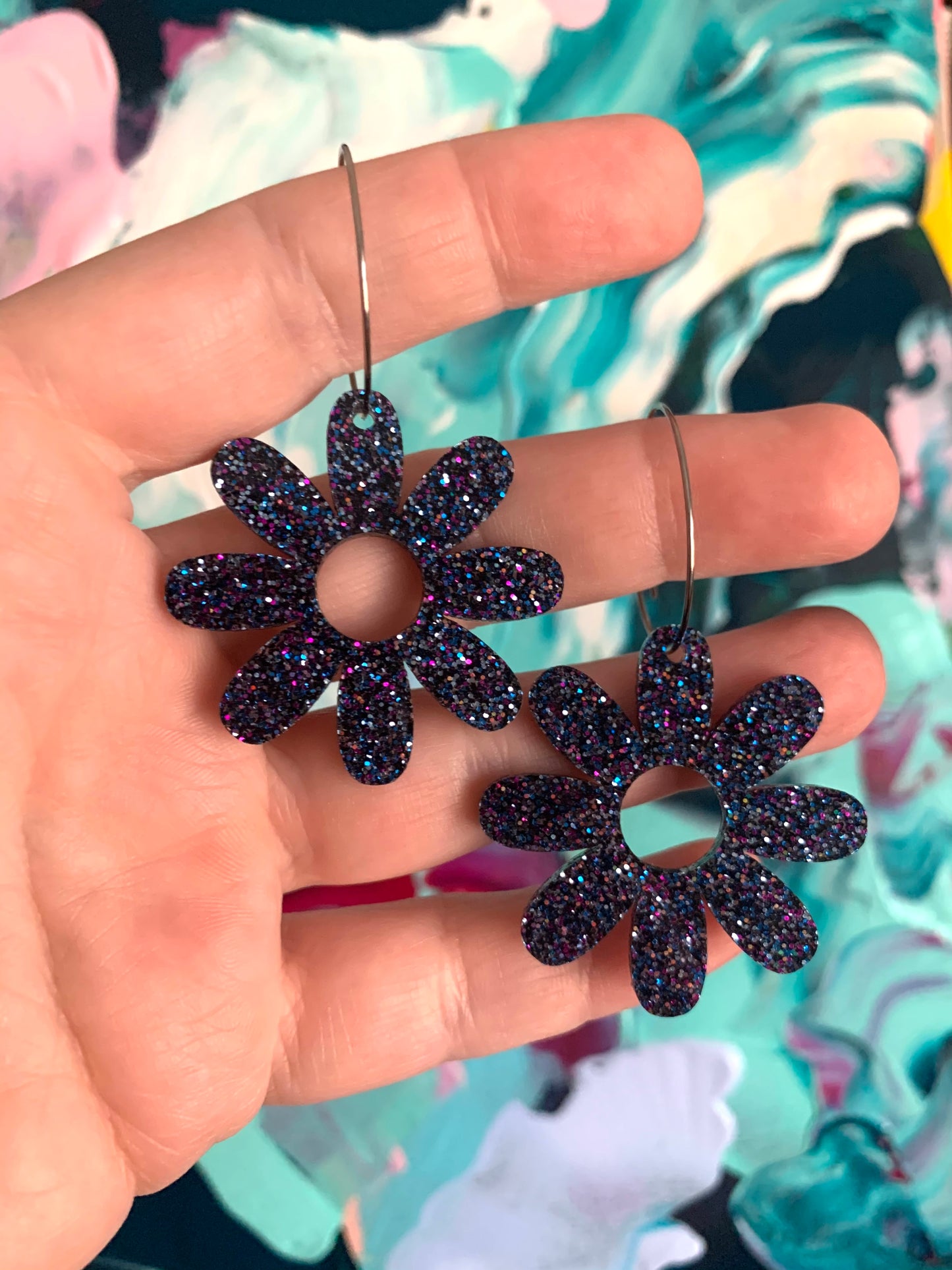 Dark glitter Petals Flower Hoops