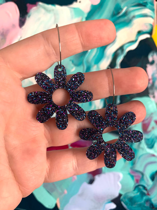 Dark glitter Petals Flower Hoops