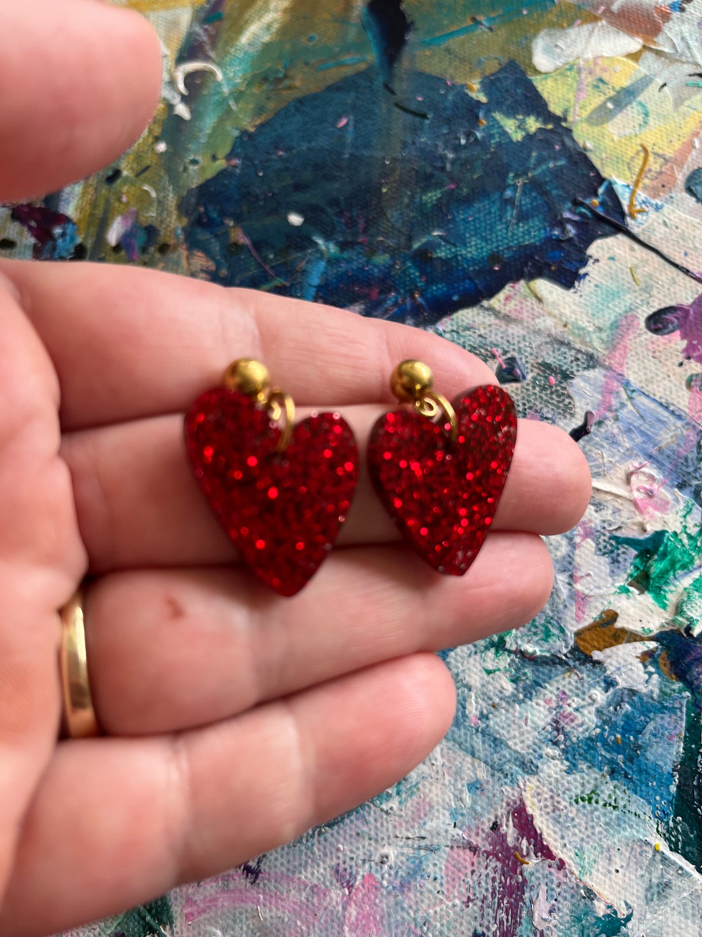 Mini Red Glitter Heart Ball Top Stud Dangles
