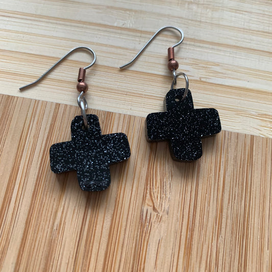 Black Glittery Cross Earrings