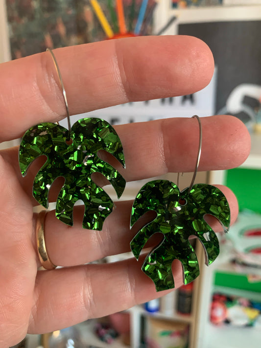 Green Foiled Monstera Hoops