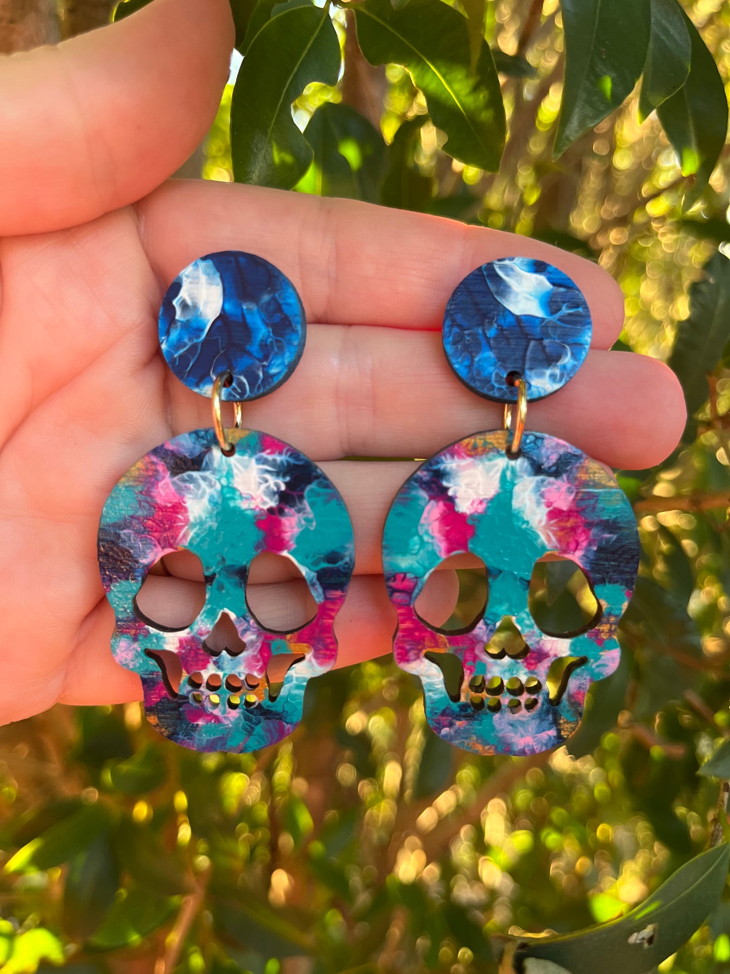 Ocean blue n pink Skull Dangles