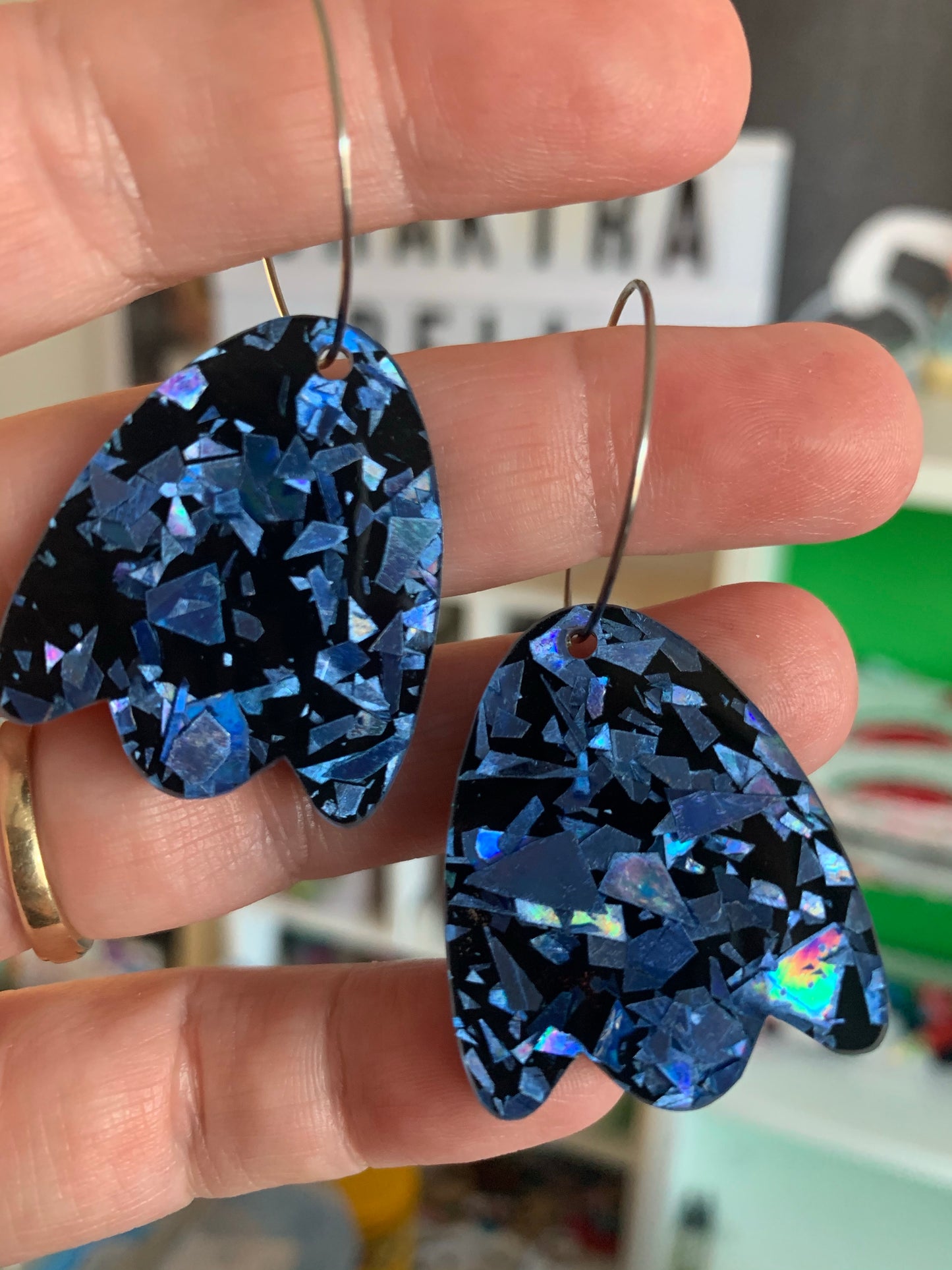 Blue Holographic petal Hoops