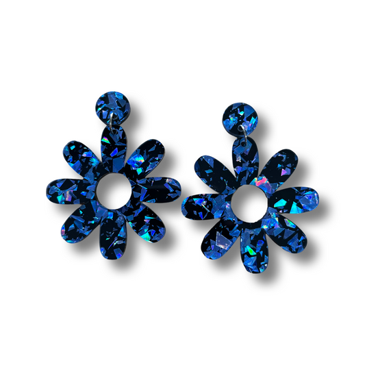 Blue & Black Daisies Holographic Dangles