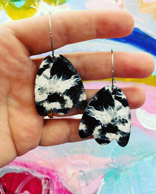 Handpainted Black & White Abstract Arty Bluebell Hoop Earrings