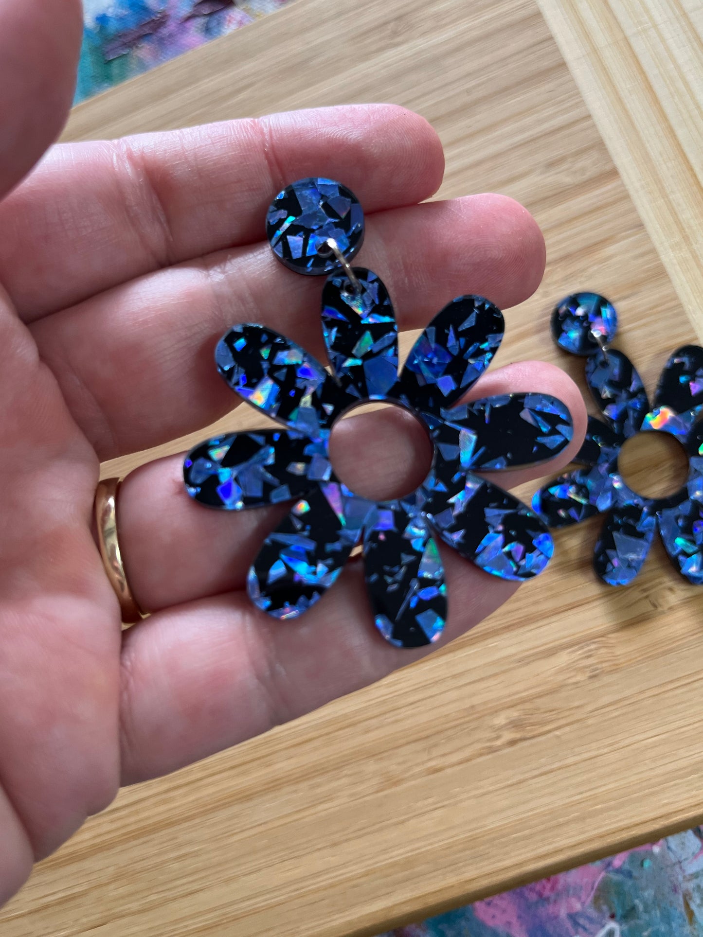Blue & Black Daisies Holographic Dangles