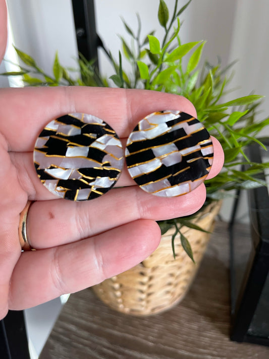 Black , Gold and White Pearl zebra Statement Studs