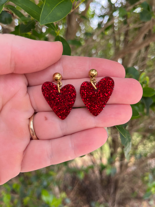 Mini Red Glitter Heart Ball Top Stud Dangles