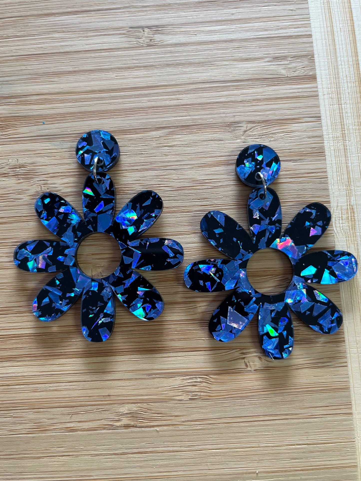 Blue & Black Daisies Holographic Dangles